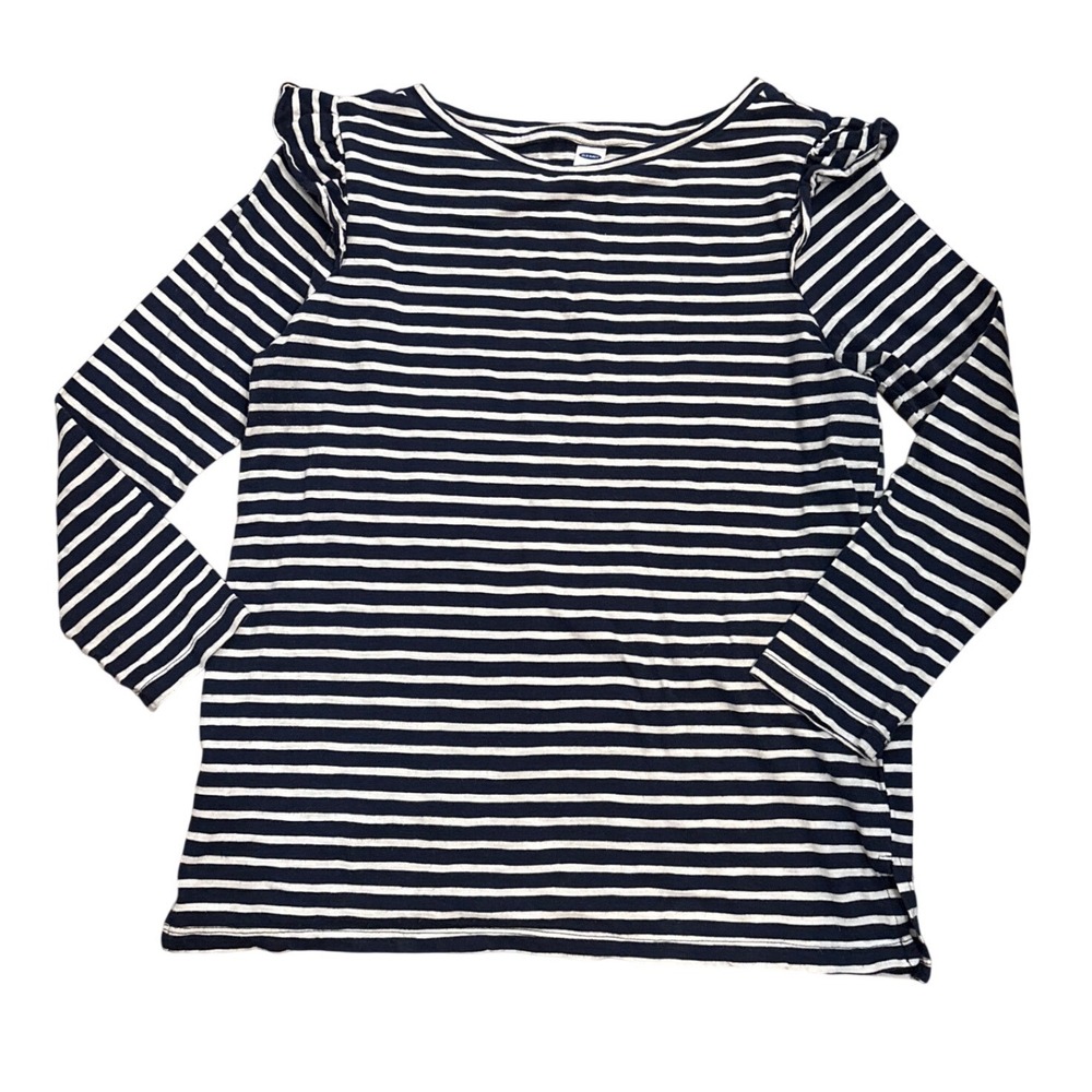 Old Navy Womens Navy Blue White Striped Ruffle Shoulder Long Sleeve Top Size M